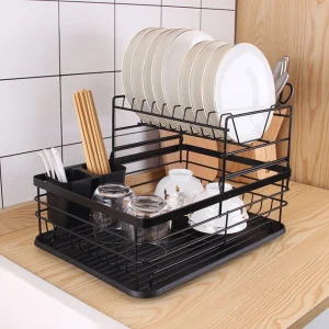Black Kitchen Dish Drying Rack with Cutlery Holder – Space Saving Sink Organiser